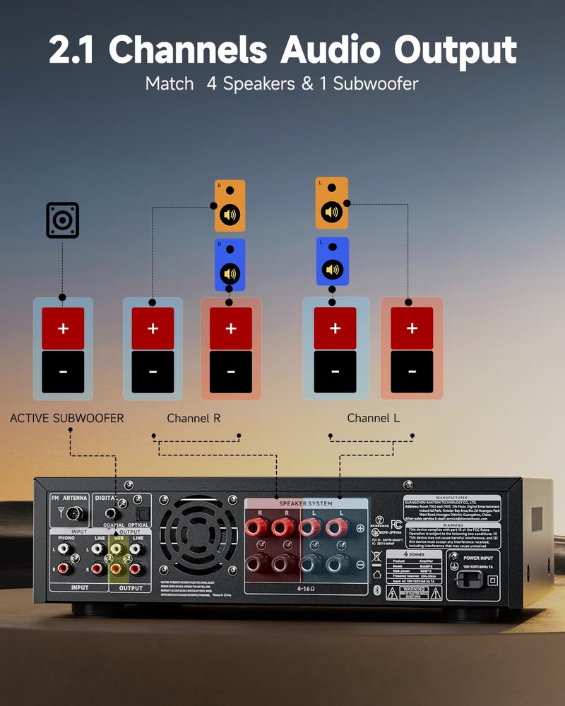 Donner Stereo Audio Amplifier, 600W Peak 2 Channel Receiver with Bluetooth 5.3, Phono, Optical, Coaxial, USB, FM, 2 Mic-in, Aux, RCA Input for Home, Karaoke, Theater Speakers, MAMP2 - Image 5