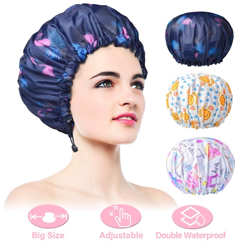 3 Pack Extra Large Double Layer Adjustable Shower Caps for Women Waterproof Exterior  EVA Lining Oversized Design for All Hair Lengths