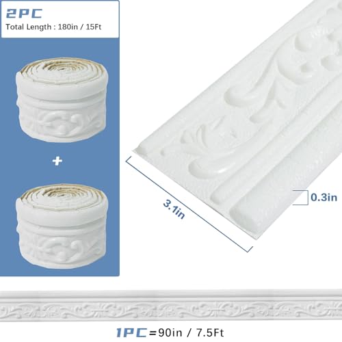 WADILE 180"x 3.1" Crown Molding Peel and Stick, Flexible Wallpaper Border Wall Trim Border, Self Adhesive Mirror Moulding Frame Lines, 3D Edging Foam Ceiling Baseboard, White… - Image 2