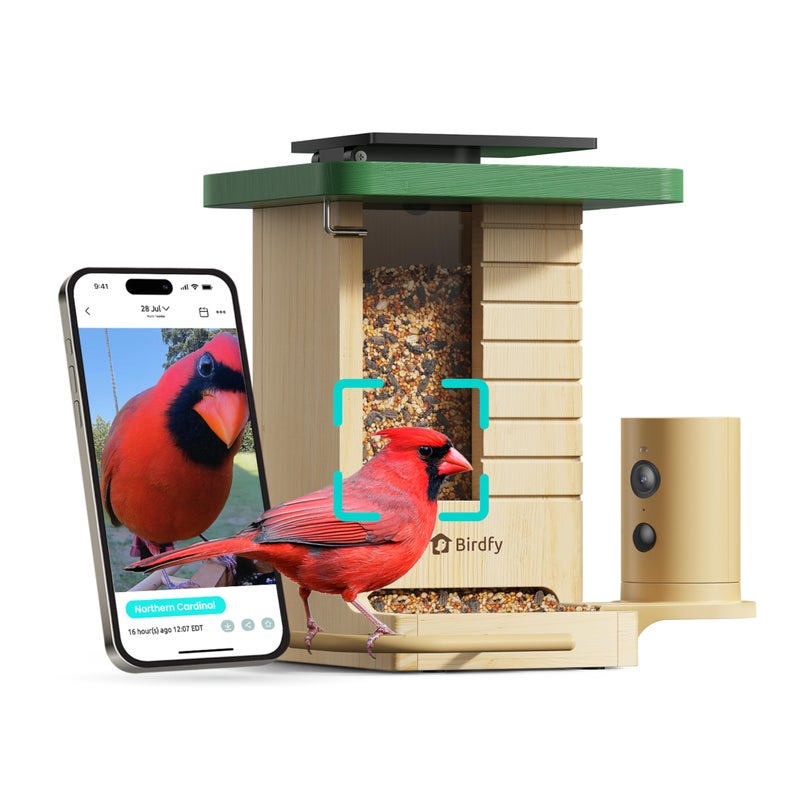 Birdfy Smart Bird Feeder with Camera Solar Powered, Slow-Motion Video & Night Insight, AI Identify 6000+ Species Lifetime Free, Ideal for Outdoors Bird Watching & Gifts for BirdLovers, Wood - Image 1