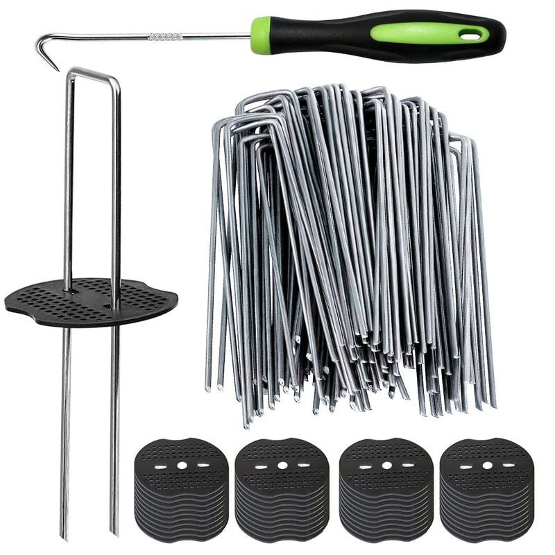 Bakulyor 50Pcs Garden Stakes Staples + 50Pcs Gasket, Bakulyor 6 Inch Lawn Landscape Staples 11 Gauge U Shaped Galvanized Landscape Pins, Heavy Duty Yard Ground Pin for Weed Barrier Sod Fabric Decorations - 6" - Image 1