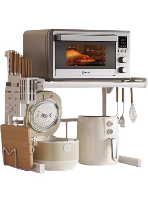 Metal Microwave Oven Rack Expandable Kitchen Utensils Tableware Storage,2 Tier Adjustable Microwave Oven Rack with 6 Hooks Chopping Block Frame Tool Holder Chopsticks Tube, White