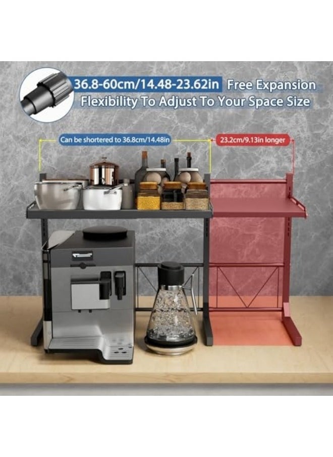 Metal Microwave Oven Rack Expandable Kitchen Utensils Tableware Storage,2 Tier Adjustable Microwave Oven Rack with 6 Hooks Chopping Block Frame Tool Holder Chopsticks Tube, White