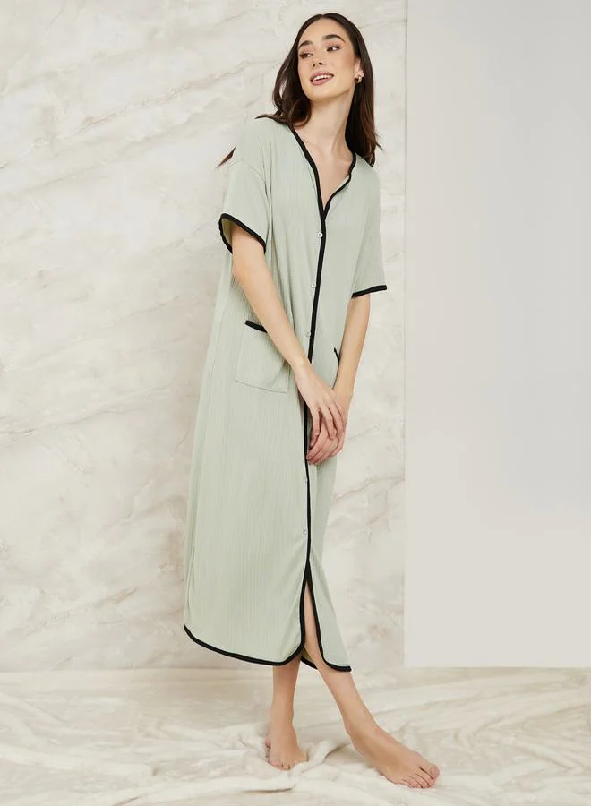 Styli Rib Contrast Edge Button Closure Nightshirt Dress