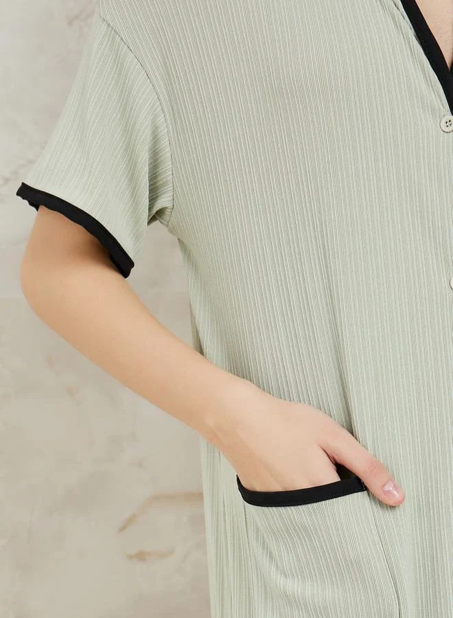 Styli Rib Contrast Edge Button Closure Nightshirt Dress