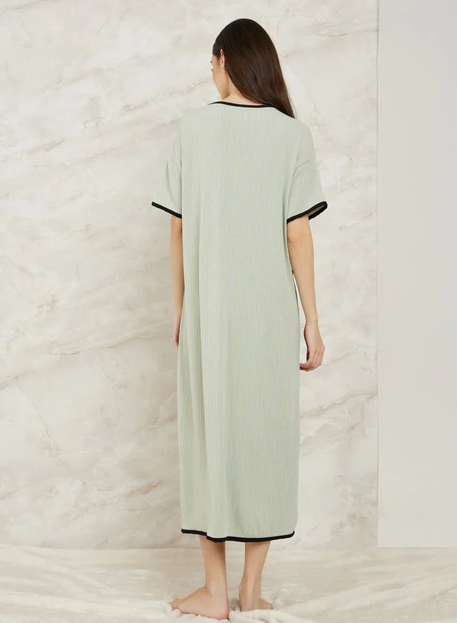 Styli Rib Contrast Edge Button Closure Nightshirt Dress