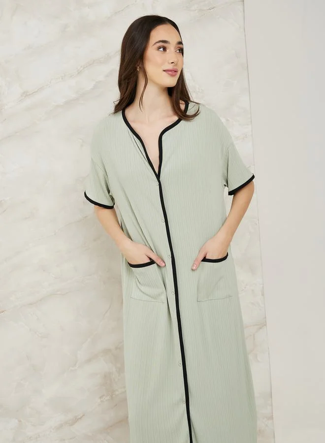 Styli Rib Contrast Edge Button Closure Nightshirt Dress