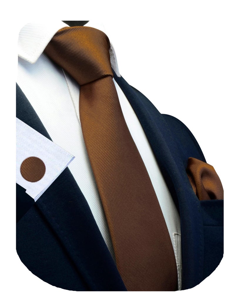 GUSLESON Solid Dark Brown Wedding Ties For Men Neckties and Pocket Square Cufflinks Sets(IN0789-22) - Image 1