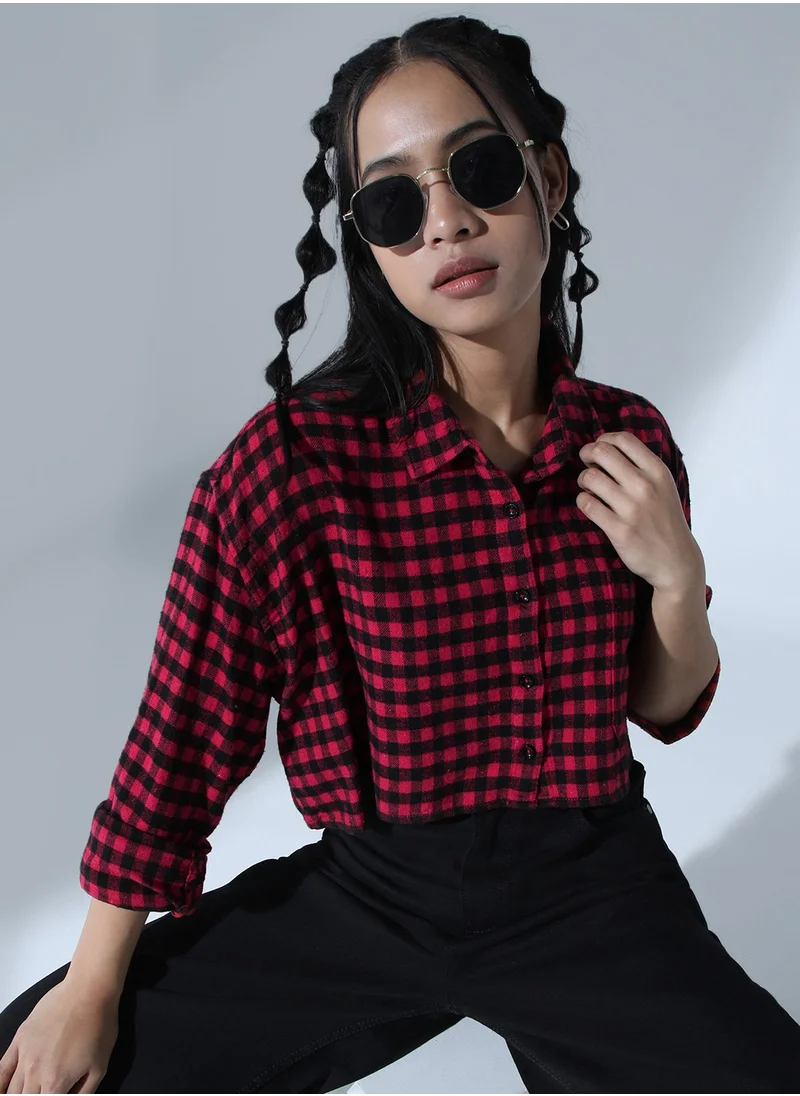 هوبرهولمي Women's Red & Black Buffalo Checks Casual Shirt