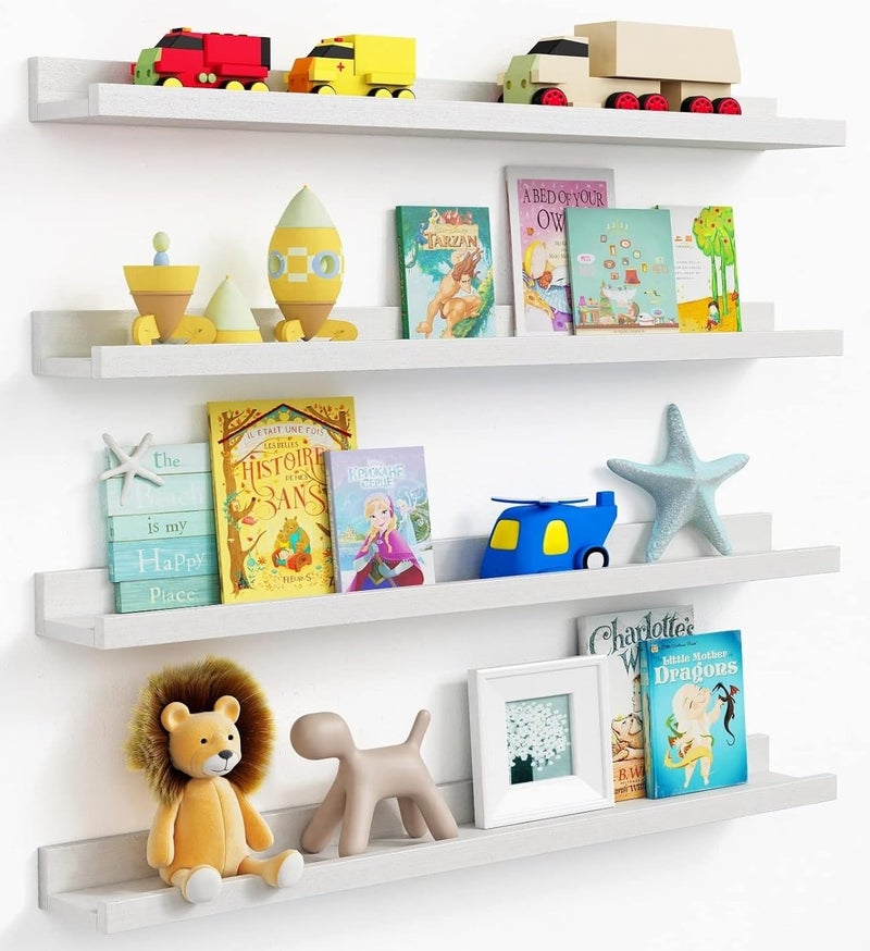 Forbena 36 Inch Floating Shelves for Wall 4-Pack, Large Nursery Book Shelves Bookshelf for Kids Bedroom, Long Picture Ledge Shelf with Lip for Living Room Photo Frames Art Display (White Solid Wood) - Image 1