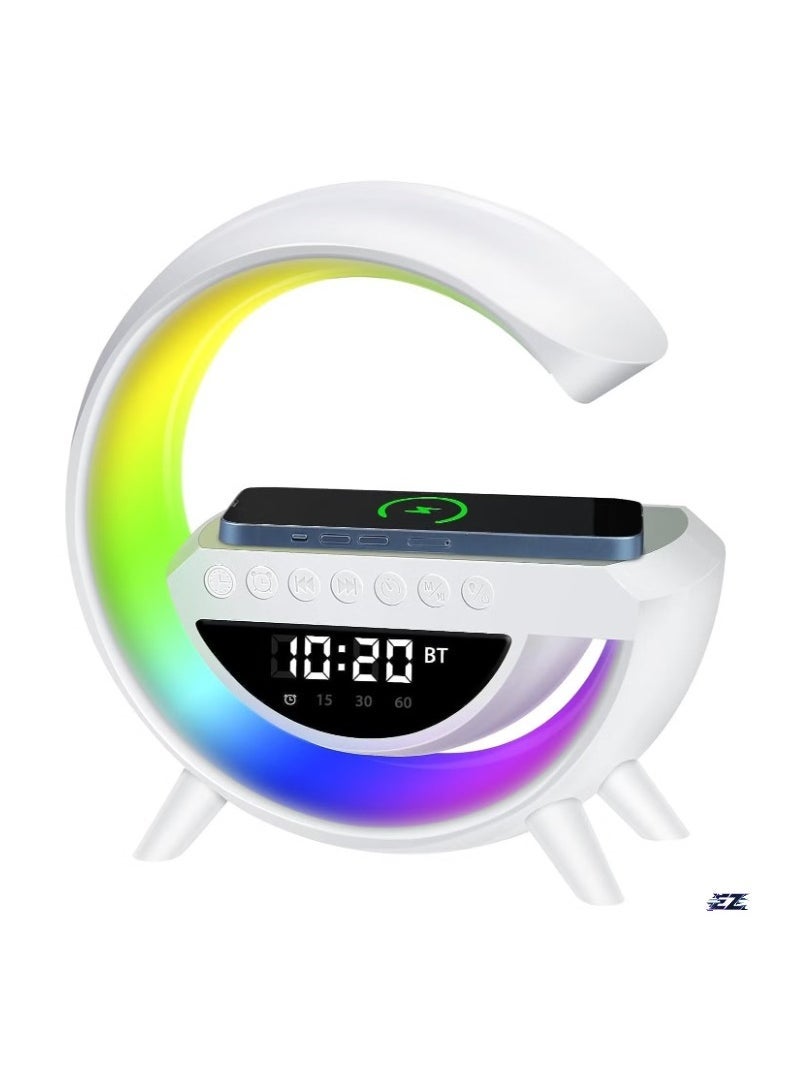 ELTRAZONE Lamp with 15W Wireless Charger, LED Alarm Clock, Dimmable Ambient Light, Smart Table Lamp with Bluetooth Speaker, Dazzling Running Lights, Multiple Lighting Modes for Adults, Kids, Office, Bedroom (White) - Image 1