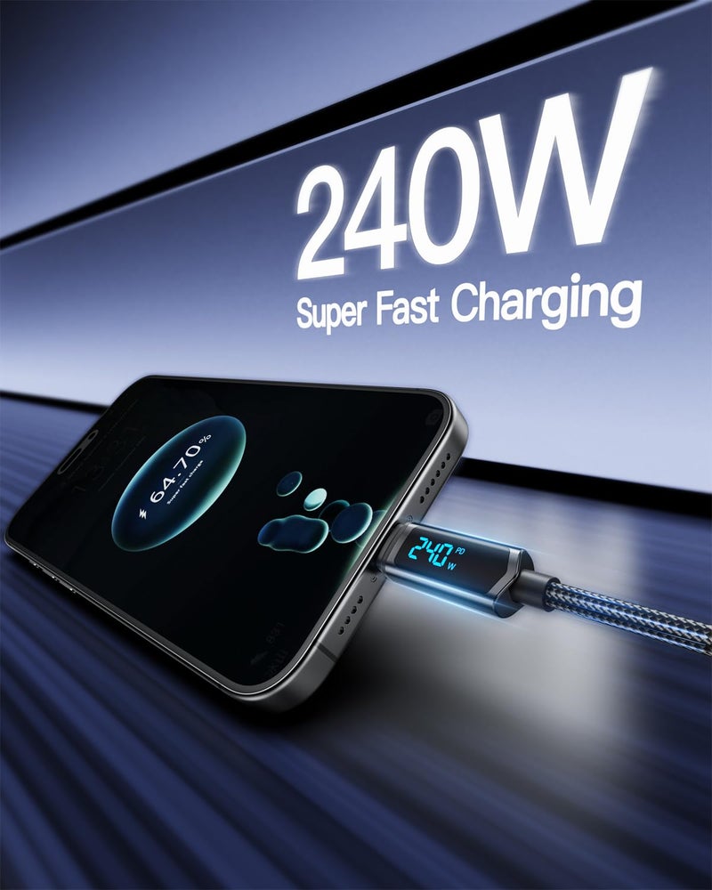 SOOPII USB C to USB C Cable [4ft/2Pack], 240W USB C Cable,Nylon Braided Type C Fast Charging Cables with LED Display for lPhone 16/15 Pro Max, Galaxy S25/S24, MacBook Pro/Air, iPad, Laptop,Black - Image 2