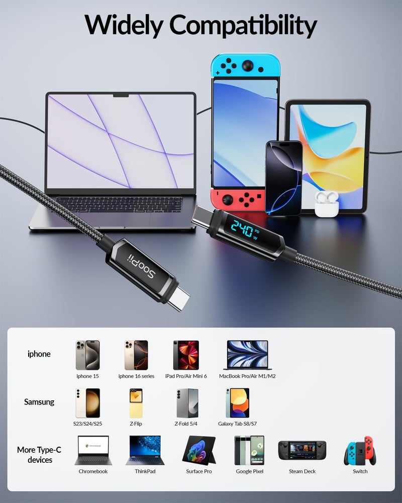 SOOPII USB C to USB C Cable [4ft/2Pack], 240W USB C Cable,Nylon Braided Type C Fast Charging Cables with LED Display for lPhone 16/15 Pro Max, Galaxy S25/S24, MacBook Pro/Air, iPad, Laptop,Black - Image 5