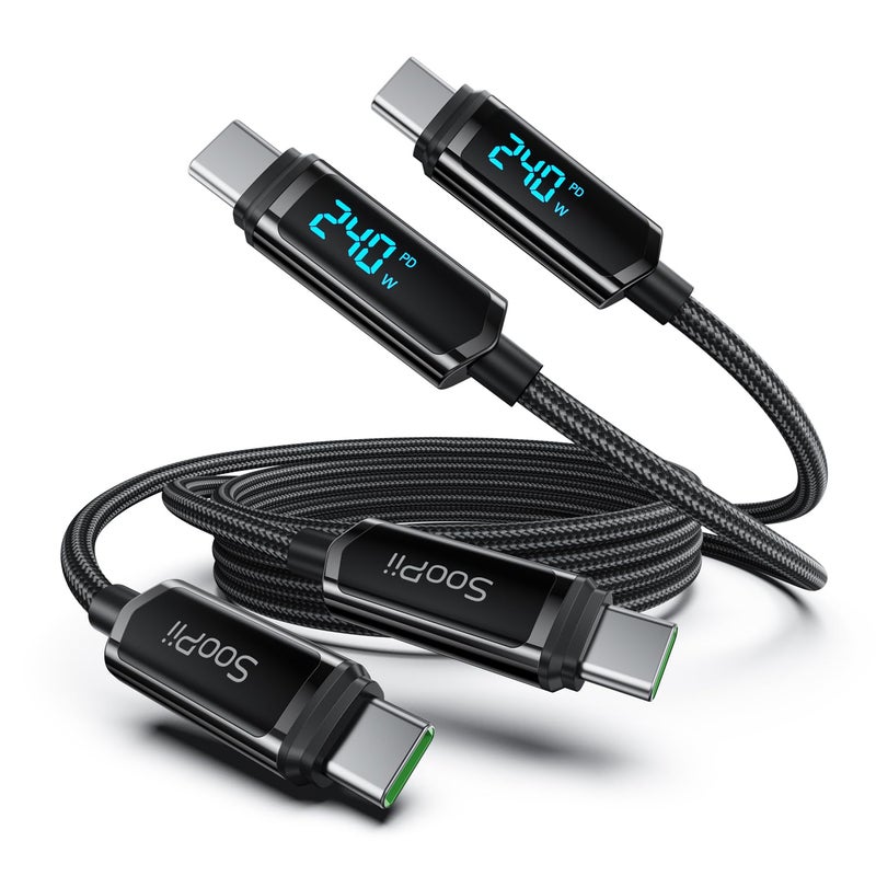 SOOPII USB C to USB C Cable [4ft/2Pack], 240W USB C Cable,Nylon Braided Type C Fast Charging Cables with LED Display for lPhone 16/15 Pro Max, Galaxy S25/S24, MacBook Pro/Air, iPad, Laptop,Black - Image 1