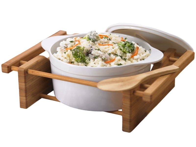 Creative Home Stoneware Baking Dish with Bamboo Serving Rack OventoTable Casserole Dish Perfect for Baking Serving and Entertaining