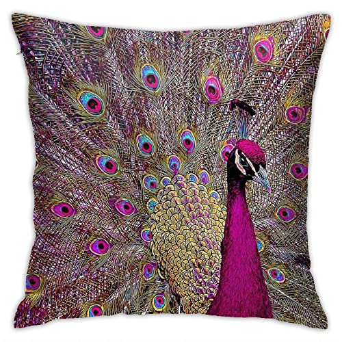 HANGWWZQ Magenta Peacock Square Pillow Case Throw Pillow Covers Decorative Pillowcase Cushion Cover with Car Couch Sofa Chair Bed Living Room 18x18 Inch - Image 1