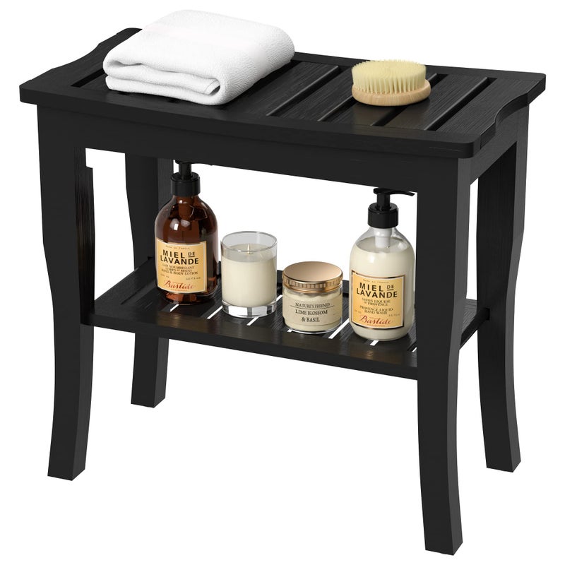 Domax Bamboo Shower Benches for Inside Shower Bathroom Bench Seat Waterproof Wooden Shower Stool with Storage Shelf for Adults Elderly Seniors Wood Shower Chair for Bathtub or Small Spaces Black