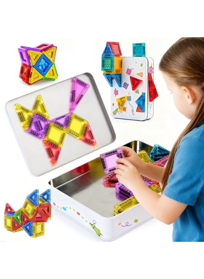 Besswin Mini Magnetic Tiles 51PCS, Travel Magnetic Tiles Set Portable with Iron Case, STEM Sensory Magnetic Building Toys Set for Kids Age 3+, Travel Toys Present for Boys Girls Birthday - Image 1