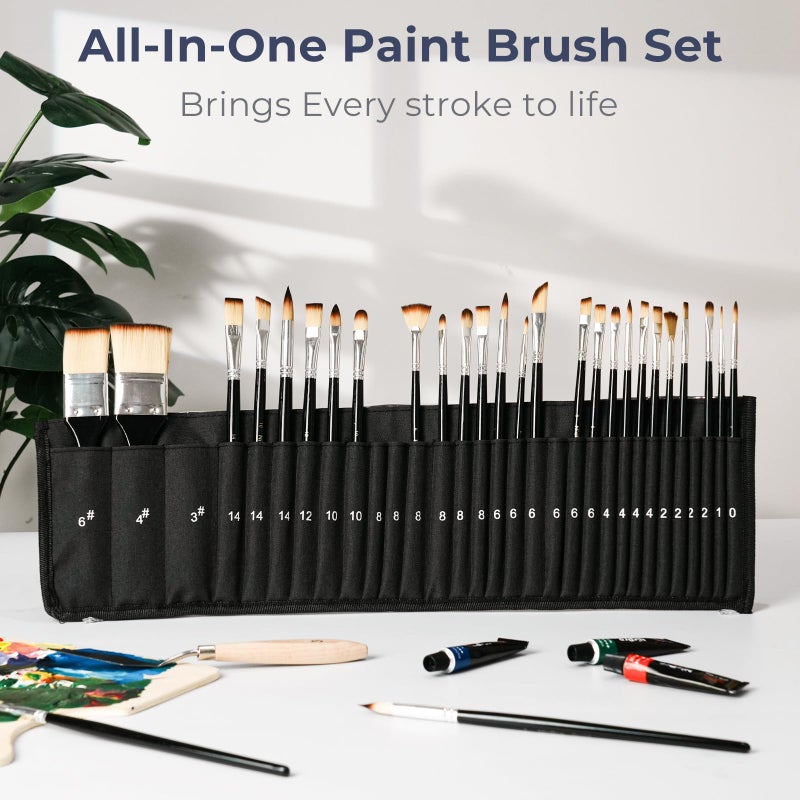 Nicpro 30pcs Paint Brush Set, Professional Paintbrushes with Paint Spatula and Cloth Roll, Craft Paint Brushes for Acrylic Painting, Oil, Watercolor, Gouache, Art Supplies for Artists and Beginners - Image 2