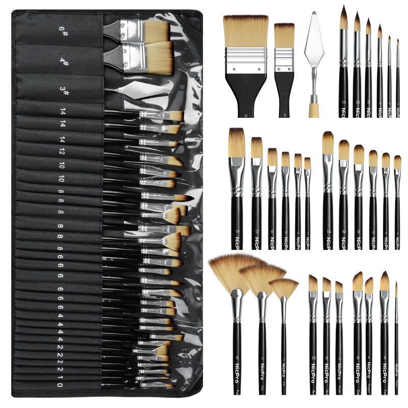Nicpro 30pcs Paint Brush Set, Professional Paintbrushes with Paint Spatula and Cloth Roll, Craft Paint Brushes for Acrylic Painting, Oil, Watercolor, Gouache, Art Supplies for Artists and Beginners - Image 1