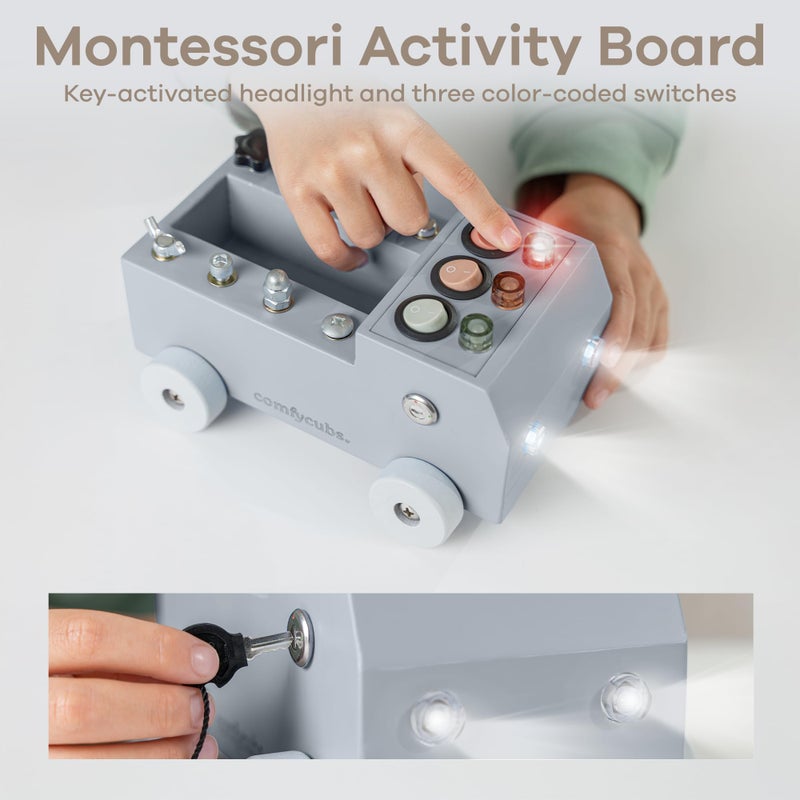كومفي كلوبس مجموعة شاحنة لعبة Comfy Cubs Busy Board - لوحة أنشطة من خشب الصنوبر ممتعة وخالية من الضوضاء للأطفال الصغار مع مفتاح إضاءة LED - مصممة في الولايات المتحدة تركز على لعب مونتيسوري الجذاب للأطفال بعمر 3 سنوات فما فوق (أزرق المحيط الهادئ) - Image 3