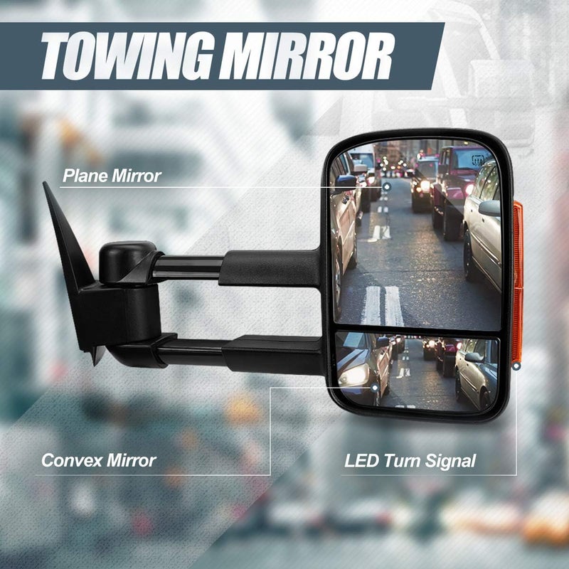 Auto Dynasty Driver and Passenger Side Rear View Towing Mirrors - Manual Telescoping, Power Adjustment, Heated Glass, Amber LED Turn Signal - Compatible with Silverado Sierra GMT900 07-14, Black - Image 2