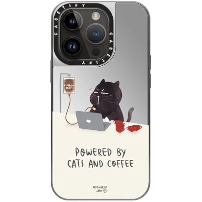 Casetify Mirror Case for iPhone 14 Pro Compatible with Magsafe - Powered by Cats and Coffee - Silver on Silver - Image 3