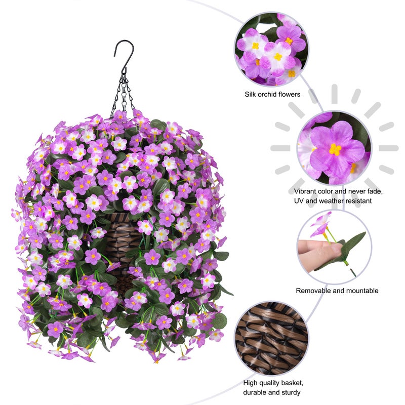 HyeFlora Artificial Fake Hanging Flowers with Basket for Outdoor Decoration,UV Resistant Faux Silk Daisy Flowers Light Fuchsia Orchid Vines in Planter Realistic Hanging Baskets for Home Porch Garden - Image 5