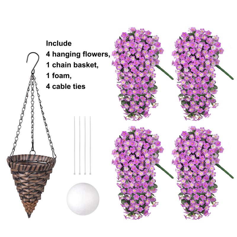 HyeFlora Artificial Fake Hanging Flowers with Basket for Outdoor Decoration,UV Resistant Faux Silk Daisy Flowers Light Fuchsia Orchid Vines in Planter Realistic Hanging Baskets for Home Porch Garden - Image 2