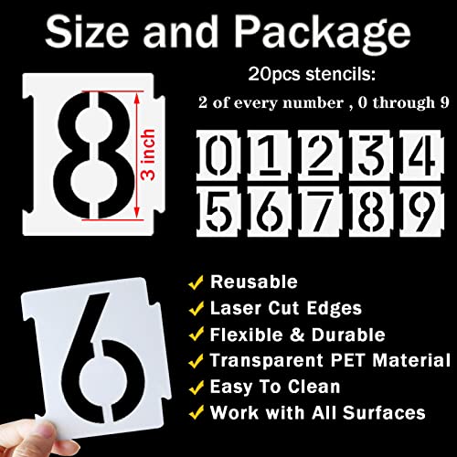 YEAJON 3 Inch Curb Stencil Kit 0-9 Address Number Stencils, 20Pcs Reusable 14 Mil Mylar Plastic Templates for Painting on Road, Wall, Wood, Mailbox - Image 2