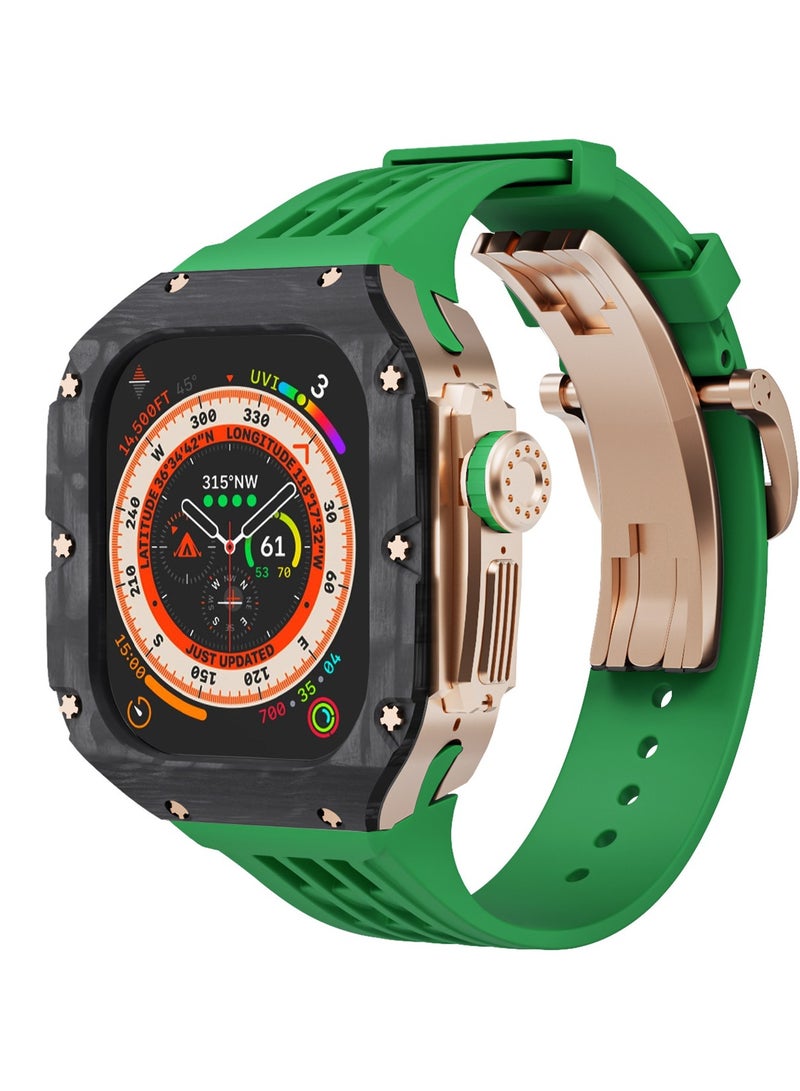 AROAQ Carbon Fiber Case for Apple Watch 49mm Fluororubber Band Metal Bezel Ultra Titanium Alloy Integrated Protective Case Carbon Shell Silver Titanium Frame Grey Strap - Image 1