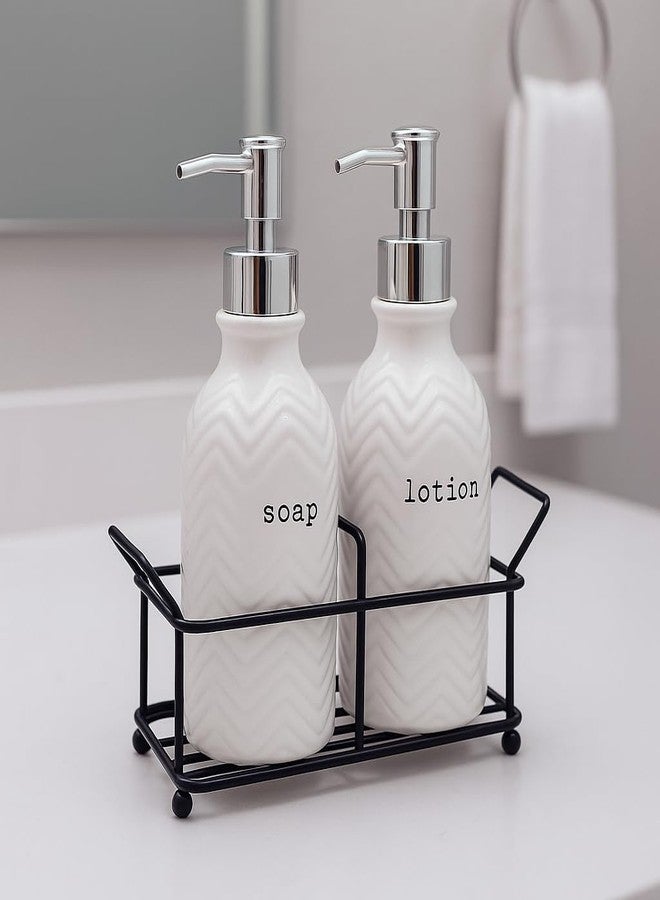STORE 2508 Store2508 Ceramic Soap and Lotion Dispenser Set with Metal Holder – Refillable Pump Bottles for Bathroom or Kitchen Countertop, Farmhouse Style Hand Soap & Lotion Pump Containers (PE163) - Image 2