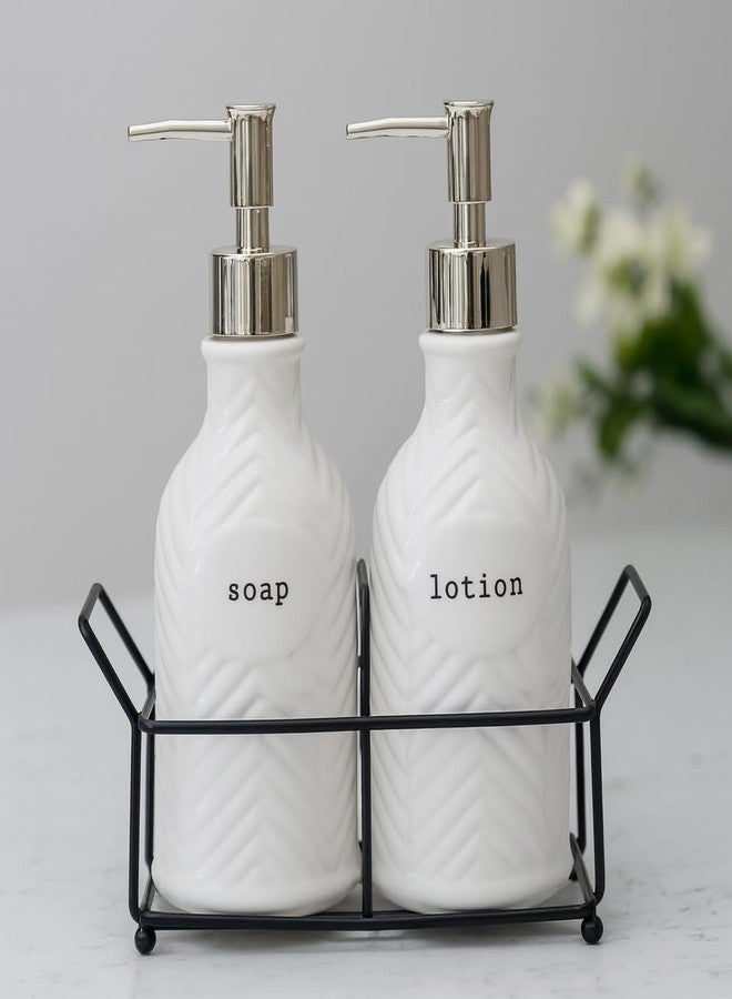 STORE 2508 Store2508 Ceramic Soap and Lotion Dispenser Set with Metal Holder – Refillable Pump Bottles for Bathroom or Kitchen Countertop, Farmhouse Style Hand Soap & Lotion Pump Containers (PE163) - Image 1