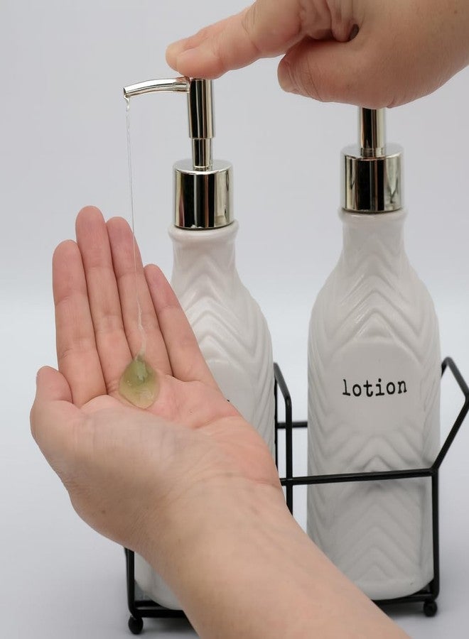 STORE 2508 Store2508 Ceramic Soap and Lotion Dispenser Set with Metal Holder – Refillable Pump Bottles for Bathroom or Kitchen Countertop, Farmhouse Style Hand Soap & Lotion Pump Containers (PE163) - Image 4