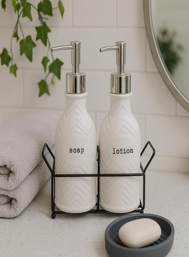 STORE 2508 Store2508 Ceramic Soap and Lotion Dispenser Set with Metal Holder – Refillable Pump Bottles for Bathroom or Kitchen Countertop, Farmhouse Style Hand Soap & Lotion Pump Containers (PE163) - Image 3