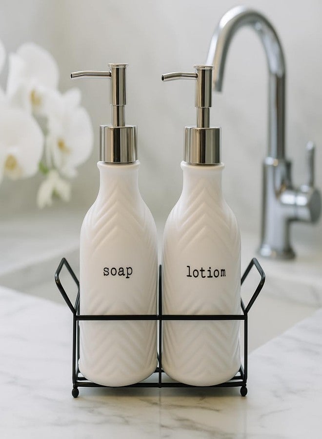 STORE 2508 Store2508 Ceramic Soap and Lotion Dispenser Set with Metal Holder – Refillable Pump Bottles for Bathroom or Kitchen Countertop, Farmhouse Style Hand Soap & Lotion Pump Containers (PE163) - Image 5