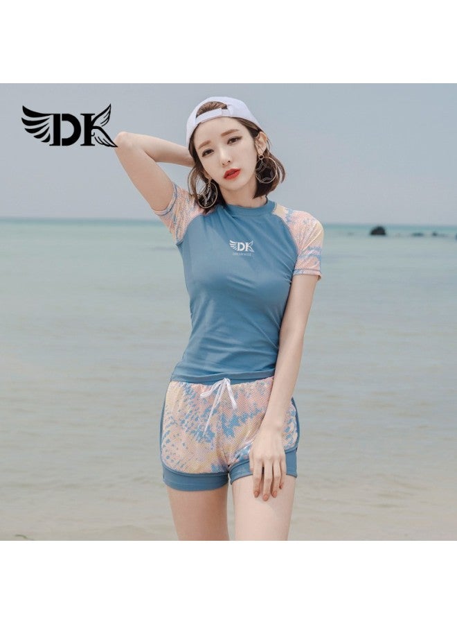 Dk Women's Two-piece Swimsuit, Korean Style, Conservative, Tummy-concealing, Slimming, Hot Spring, Sports Swimming Costume, Light Blue Floral, Short Sleeve Shorts, XL - Image 2