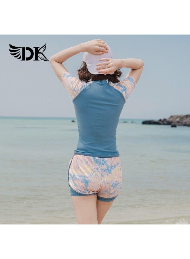 Dk Women's Two-piece Swimsuit, Korean Style, Conservative, Tummy-concealing, Slimming, Hot Spring, Sports Swimming Costume, Light Blue Floral, Short Sleeve Shorts, XL - Image 4