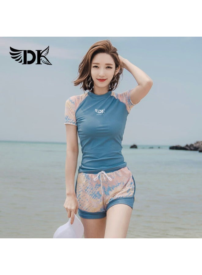 Dk Women's Two-piece Swimsuit, Korean Style, Conservative, Tummy-concealing, Slimming, Hot Spring, Sports Swimming Costume, Light Blue Floral, Short Sleeve Shorts, XL - Image 1