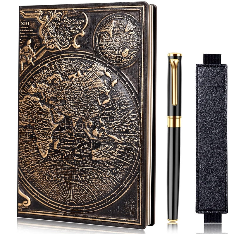 FEIDIAO Vintage Map Embossed Leather Notebook Travel Journal-Daily Notepad-Business Notebook-Drawing Notebook, Antique Handmade,Lined Hardcover with a Comfortable-Holding Black Signing Pen(A5) - Image 1