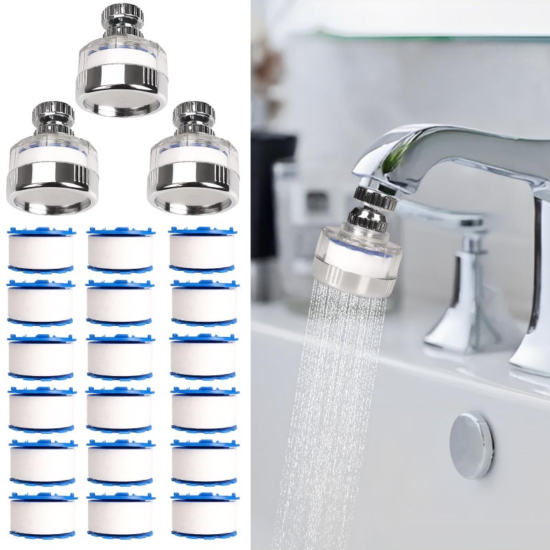 Dexspoeny 3 Pcs of Sink Water Filter and 18 Filter Elements Set, Sink Faucet Filter 360Â°Rotating, Bathroom Sink Filter Removes Fluoride Hard Water, Faucet Filter Faucet Extender for Home Kitchen Sink - Image 1