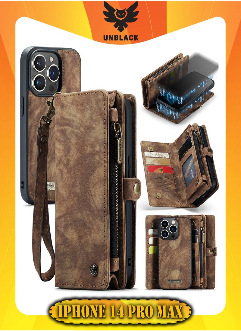 CaseMe Protective Phone Cover Case Wallet Case For Apple iPhone 14 Pro Max, 2 in 1 Detachable Premium Leather Magnetic Zipper Pouch Wristlet Flip Phone Case (Brown)  - Image 1
