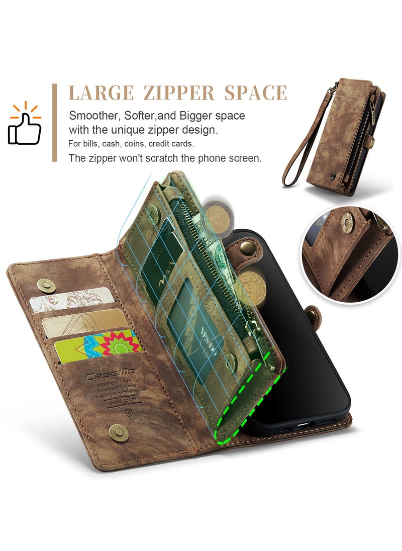 CaseMe Protective Phone Cover Case Wallet Case For Apple iPhone 14 Pro Max, 2 in 1 Detachable Premium Leather Magnetic Zipper Pouch Wristlet Flip Phone Case (Brown)  - Image 4
