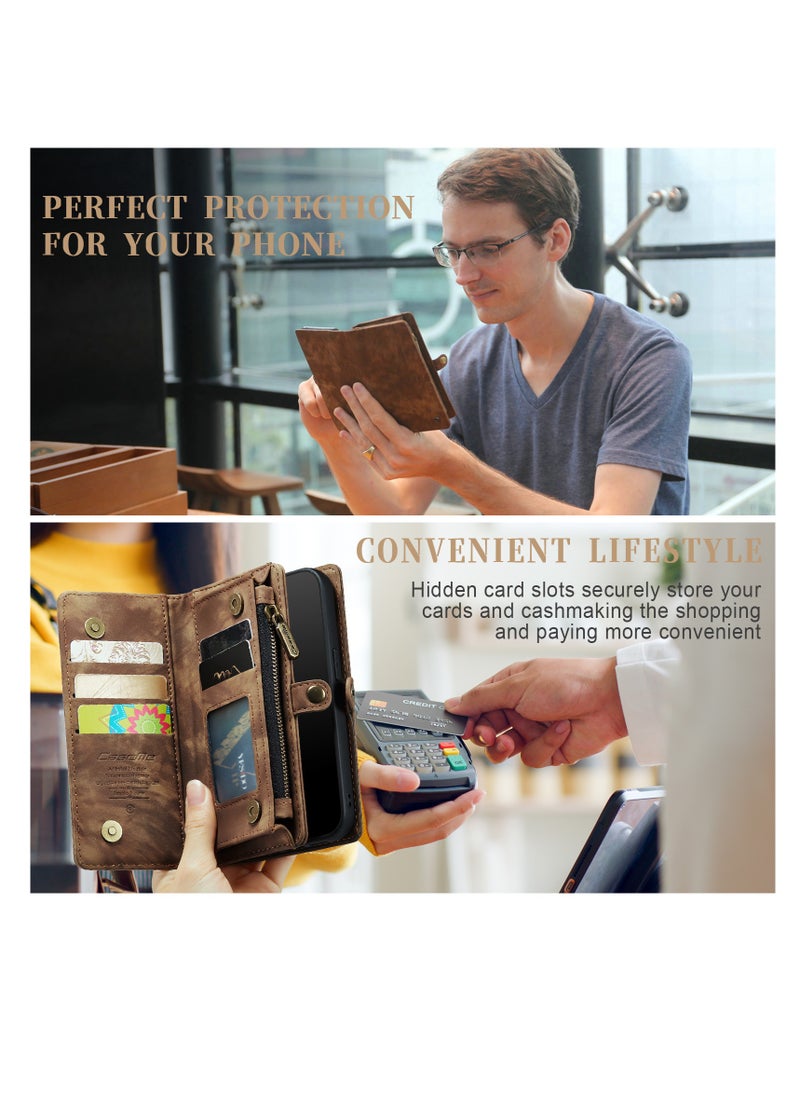 CaseMe Protective Phone Cover Case Wallet Case For Apple iPhone 14 Pro Max, 2 in 1 Detachable Premium Leather Magnetic Zipper Pouch Wristlet Flip Phone Case (Brown)  - Image 3