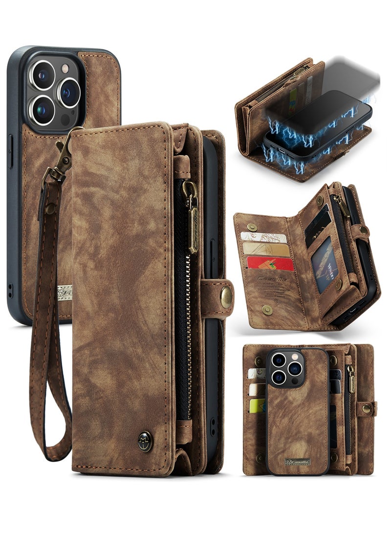 CaseMe Protective Phone Cover Case Wallet Case For Apple iPhone 14 Pro Max, 2 in 1 Detachable Premium Leather Magnetic Zipper Pouch Wristlet Flip Phone Case (Brown)  - Image 2