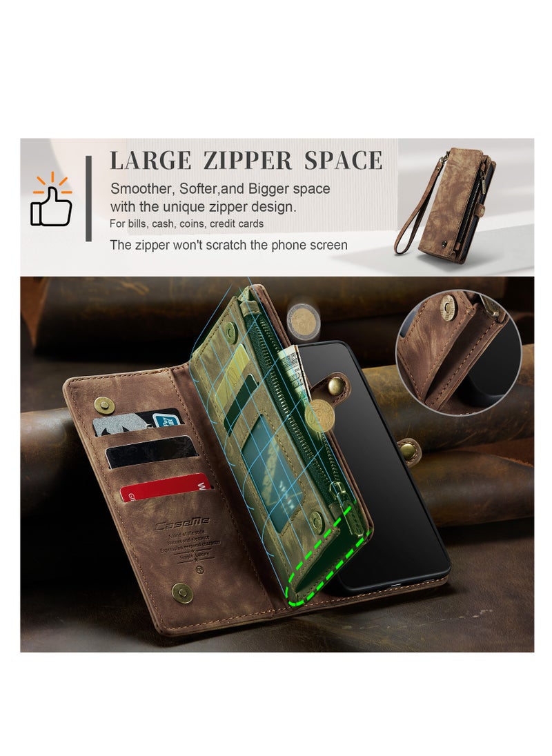 CaseMe Protective Phone Cover Case Wallet Case For Apple iPhone 14 Pro Max, 2 in 1 Detachable Premium Leather Magnetic Zipper Pouch Wristlet Flip Phone Case (Brown)  - Image 5