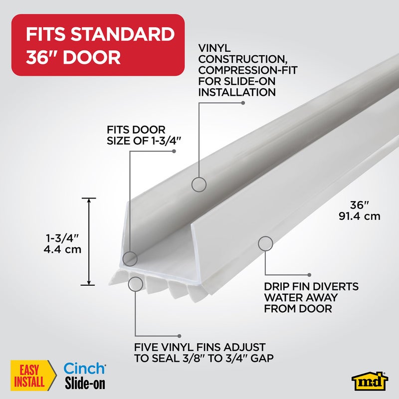 M-D Building Products 43336 Vinyl Cinch® U-Shape Slide-On Under Door Seal, Easy-to-Install, Energy-Saving, Weatherproof Seal for Doors, Effective Draft Blocker, Ideal for Home (36 Inch, White) - Image 2