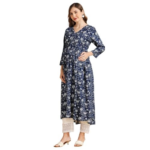 MomToBe Women's Rayon Maternity Kurta/Pregnancy Kurti/Easy Breastfeeding Kurta with Zippers for Nursing Pre and Post Pregnancy (Dark Blue :: X-Large) - Image 2