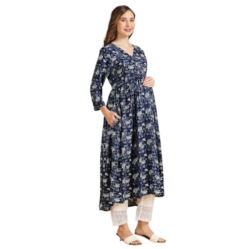 MomToBe Women's Rayon Maternity Kurta/Pregnancy Kurti/Easy Breastfeeding Kurta with Zippers for Nursing Pre and Post Pregnancy (Dark Blue :: X-Large) - Image 3
