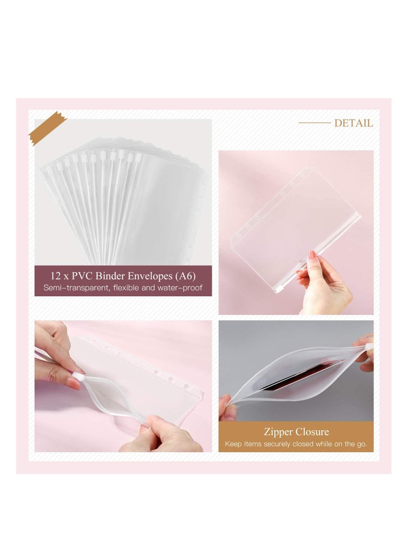 Excefore A6 Budget Binder PU Leather Cover with 12PCS A6 Binder Pockets Loose Leaf Bags 6 Ring Binder Cash Zipper Pouches Label Stickers Refillable Budget Envelopes System  - Image 2
